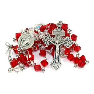 Vintage Red Clear Crystal Rosary, Pardon Crucifix, Hand Wire Wrapped